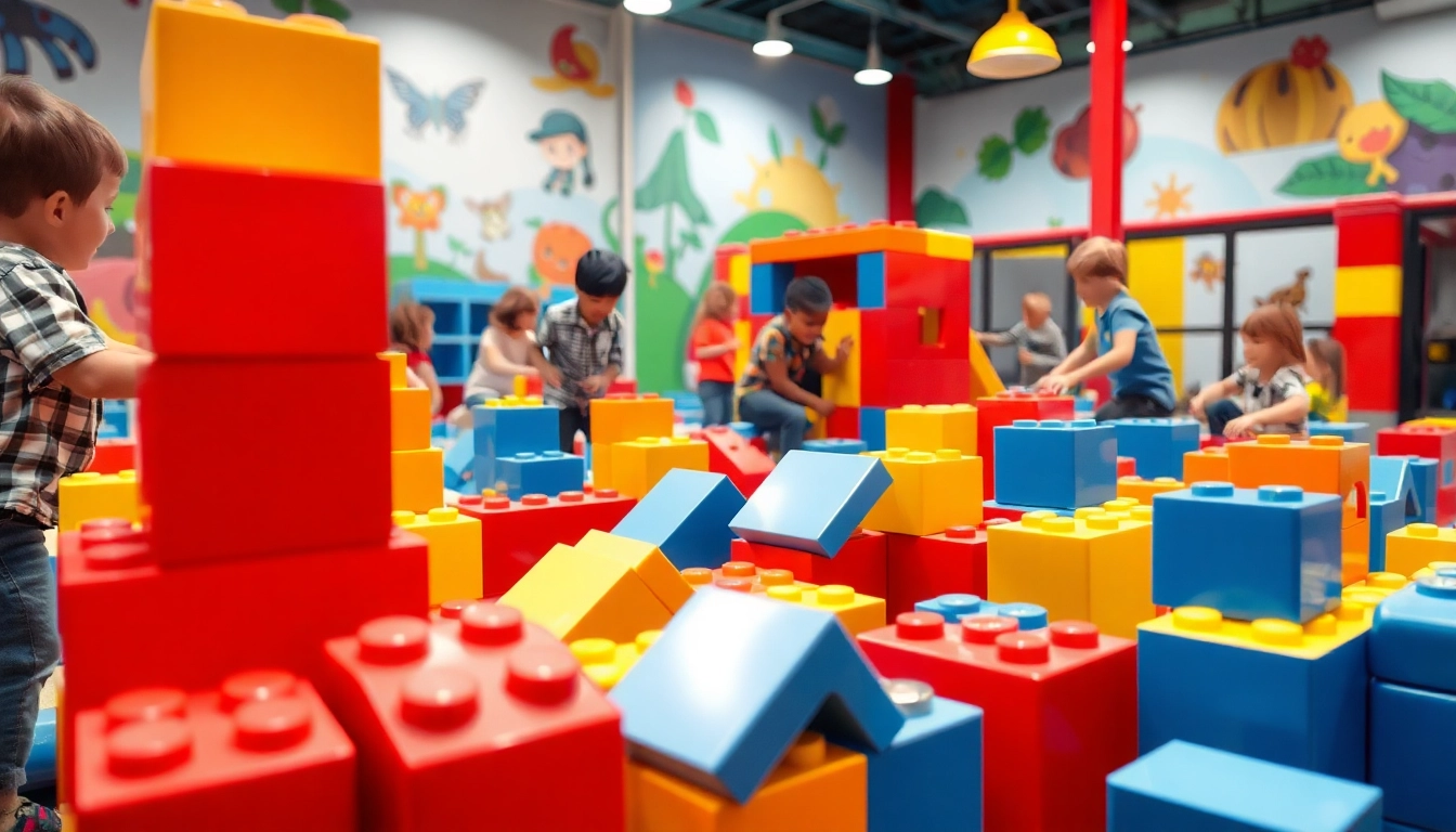 Children collaborating with vibrant giant building blocks, offering additional information on indoor adventures.