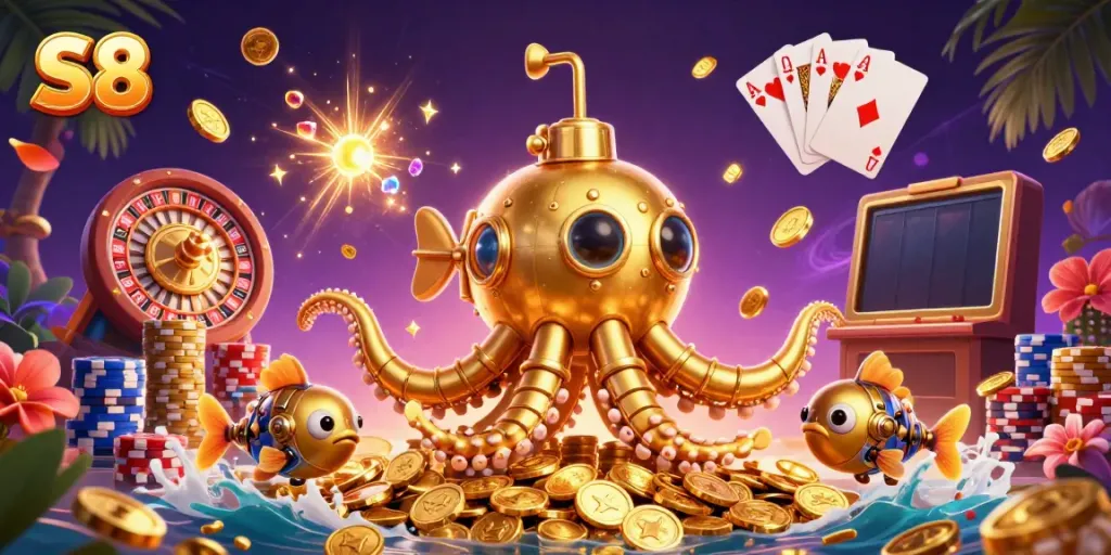 Engage with S8's thrilling gaming adventures amid a rich ocean of gold coins and vibrant casino elements.