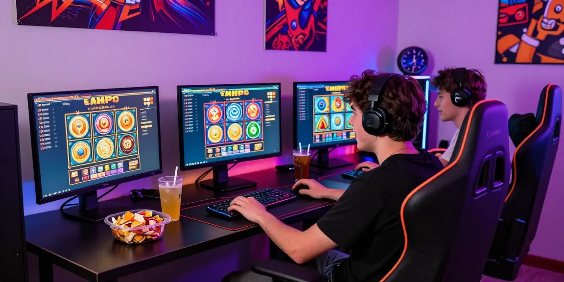 Exciting scene of a player immersed in slot mpo gaming experience with vibrant colors and LED lights.
