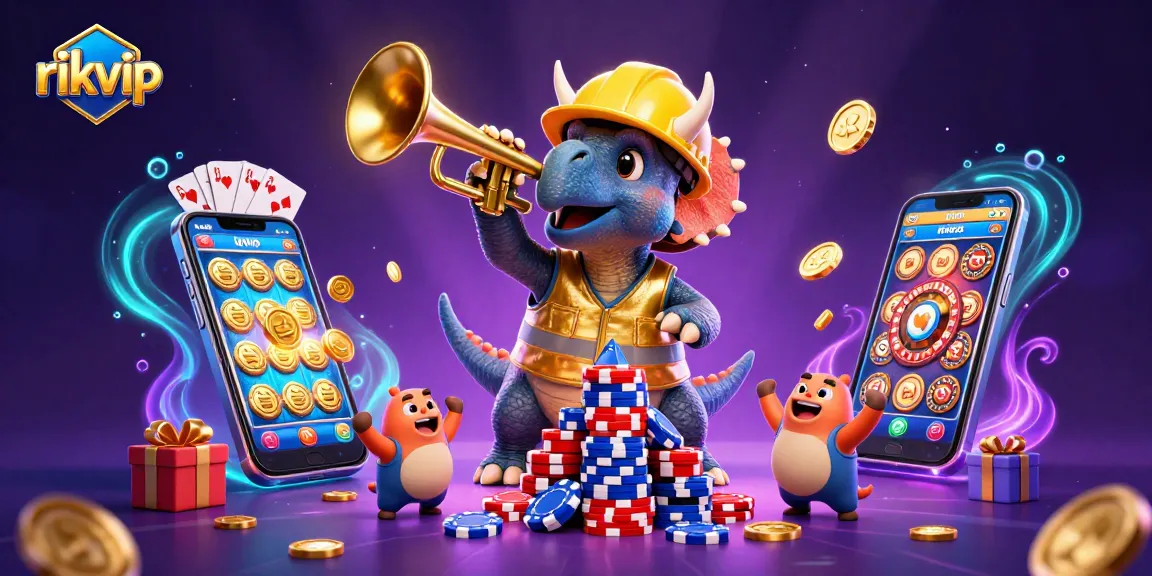 Experience the excitement of rikvip as a triceratops builds a poker chip pyramid amidst vibrant gaming elements.