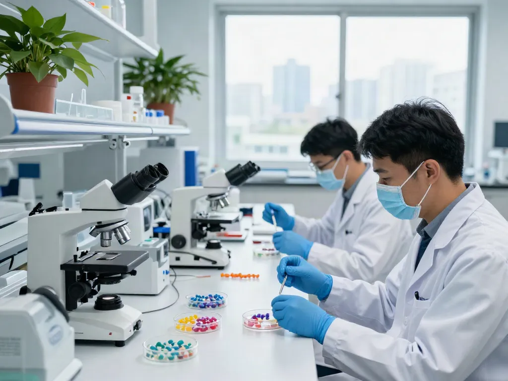 Peptides Canada research scene with scientists analyzing peptide samples in a modern lab.