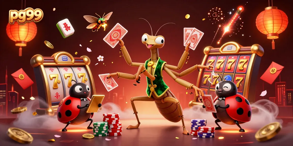 Engage with pg99's vibrant casino scene featuring a mantis card sharp and ladybug pit boss.