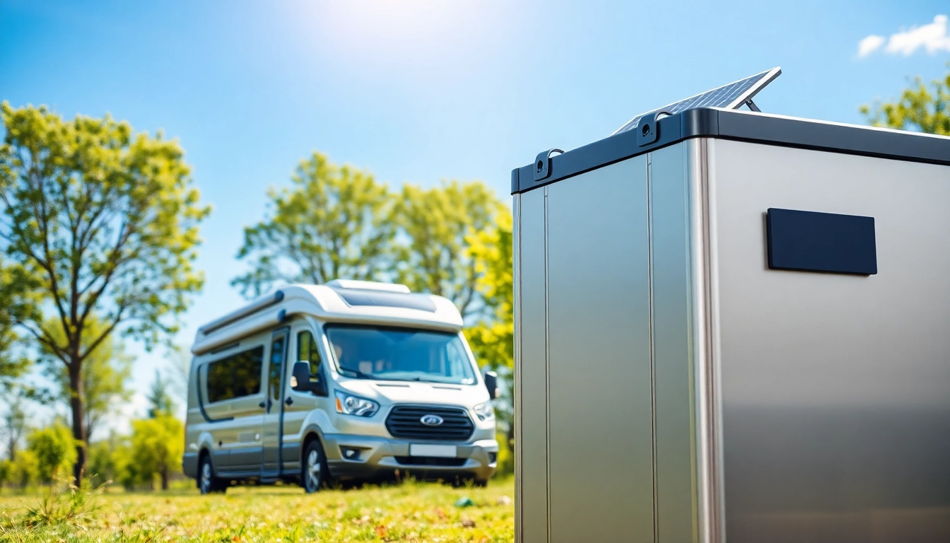 Showcase of lithium RV batteries powering a camper van in a picturesque outdoor setting