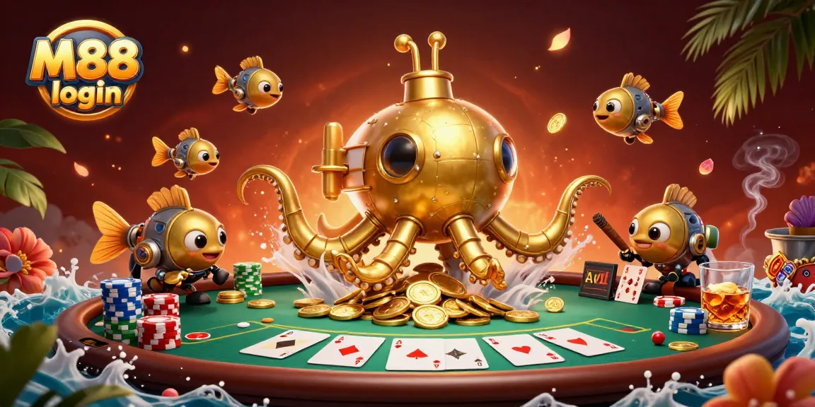 Engage in thrilling gameplay with M88 login, featuring vibrant casino elements and a captivating kraken scene.