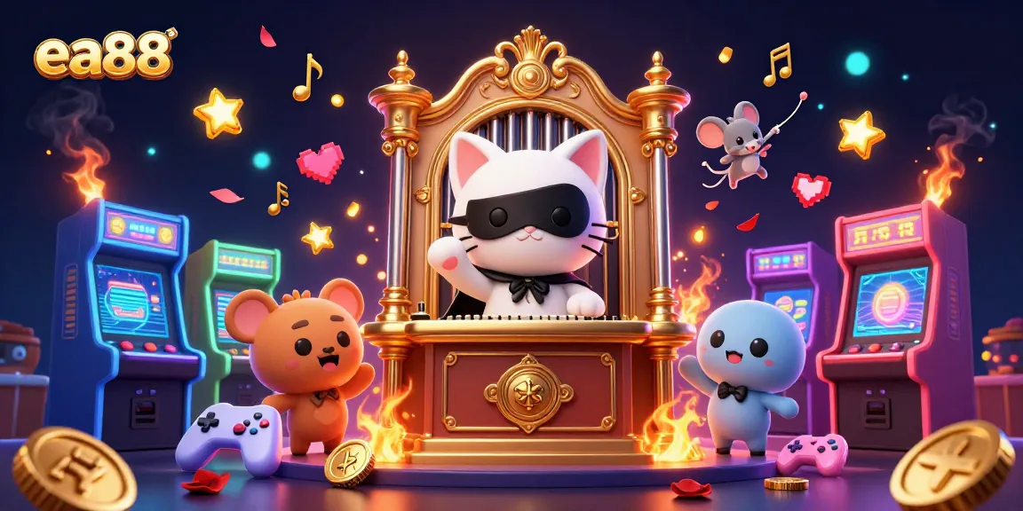 Experience excitement with ea88 as a phantom cat plays organ amid vibrant casino elements.