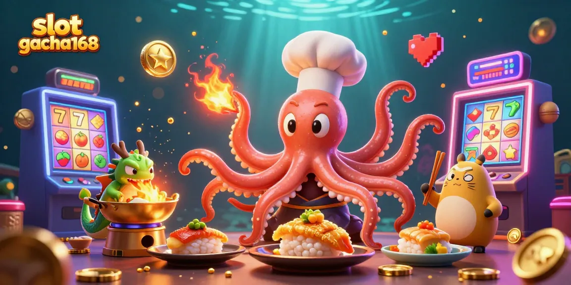 Engage with slot gacha168 featuring vibrant slot machines and whimsical characters in an underwater casino scene.