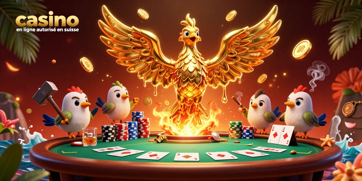 Illustration d'un phœnix en or et assistants de jeu sur une table de poker, casino en ligne autorisé en Suisse.