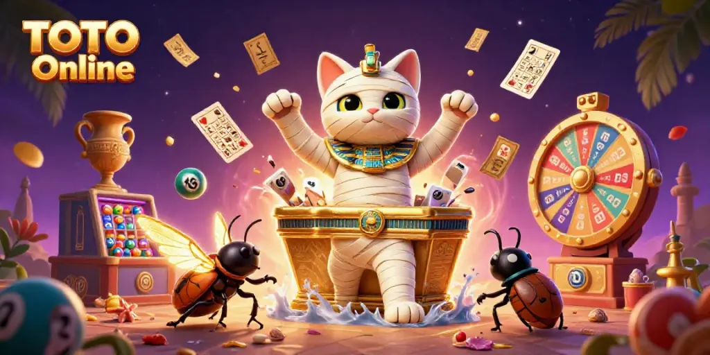 Gambaran TOTO Online dengan kucing mummy Mesir dan elemen kasino yang penuh warna