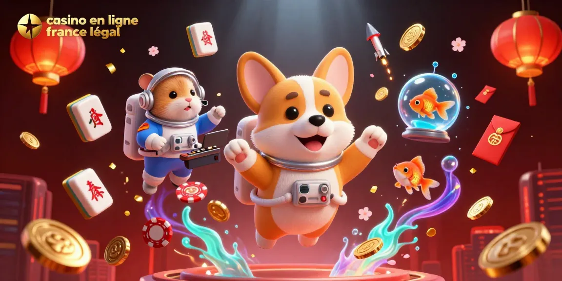 Illustration dynamique d'un casino en ligne France légal avec un corgi astronaute et un hamster de contrôle.
