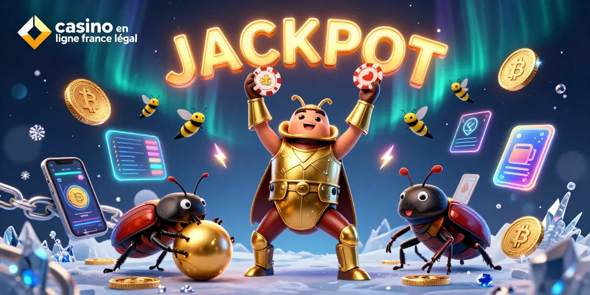 Le casino en ligne France légal est représenté avec un scarabée en armure dorée et des éléments interactifs.