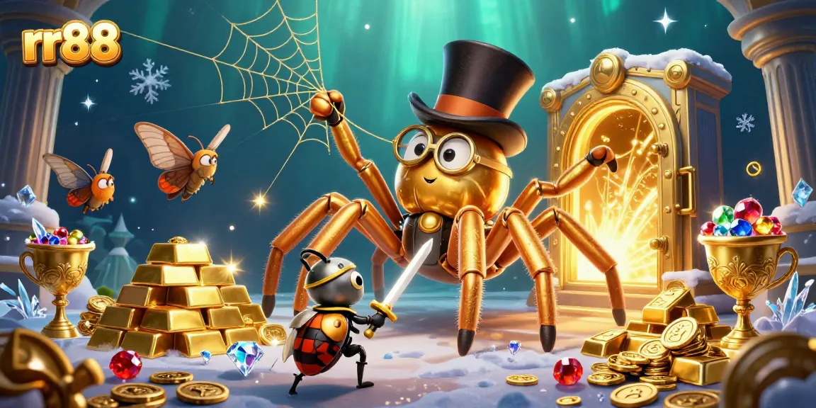 Experience the excitement of rr88 with a golden tarantula and brave beetle knight in a lively casino scene.