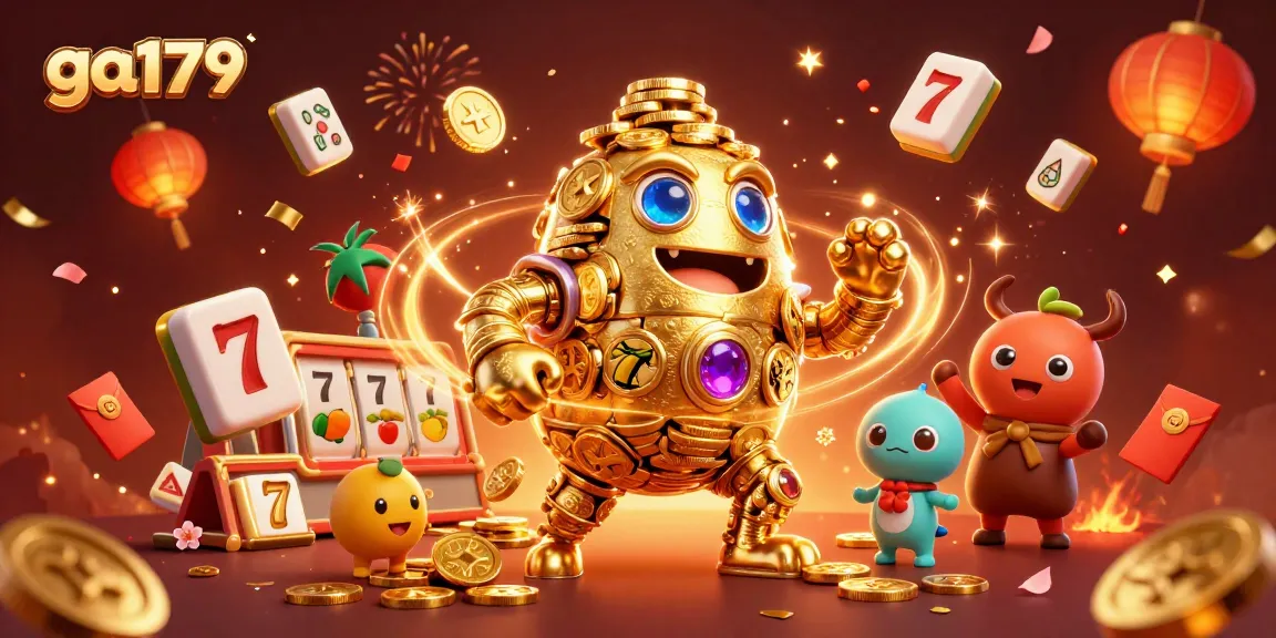 Engage with thrilling wins at ga179, showcasing a golden golem among dynamic slot elements and festive decorations.