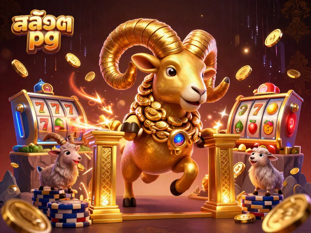 Experience thrilling สล็อต pg action with slot reels and a golden ram in this vibrant casino illustration.
