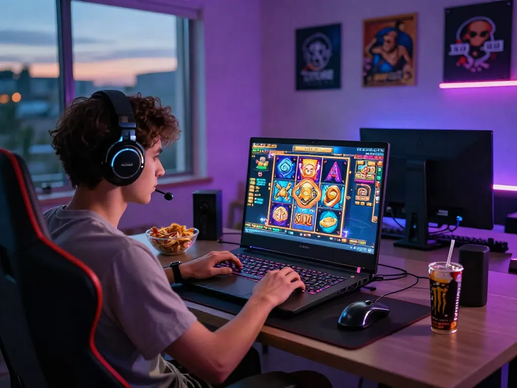 Engaging gaming experience showcasing a player enjoying slot gacor hari ini on a stylish laptop in a vibrant atmosphere.