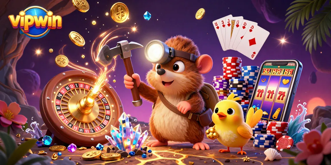Engage in thrilling gameplay at vipwin with an enchanting scene picturing a treasure hunter mole and glowing gems.