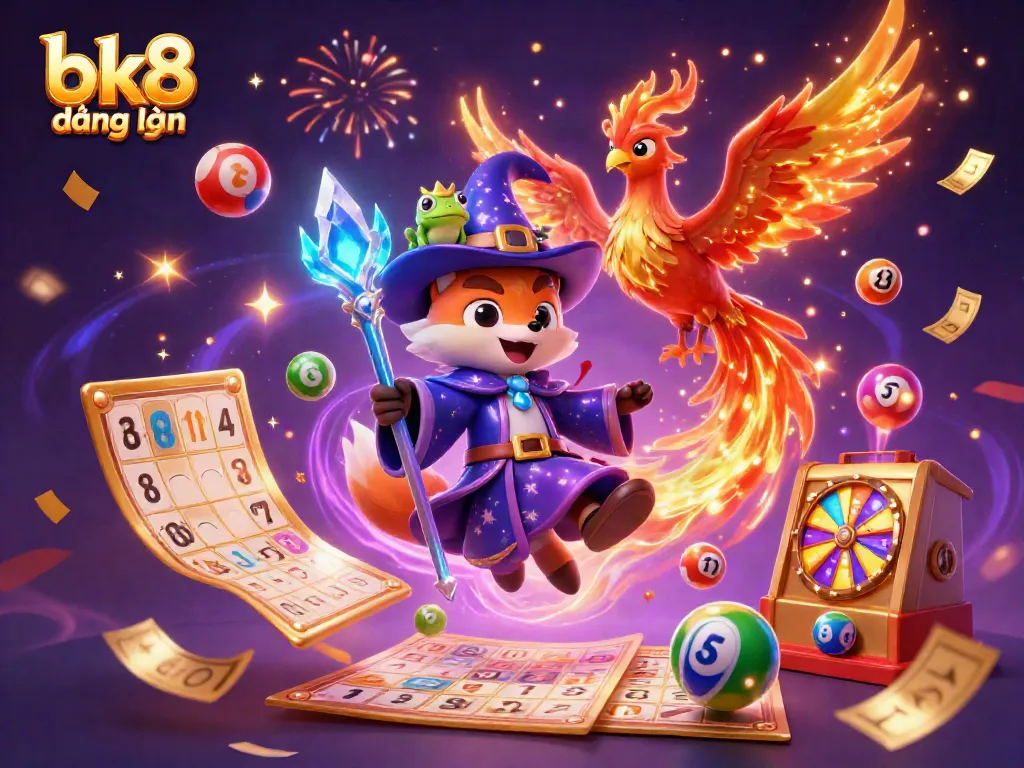 Experience a thrilling bk8 đăng nhập with dynamic illustrations of a wizard, phoenix, and lottery elements, symbolizing online gaming excitement.