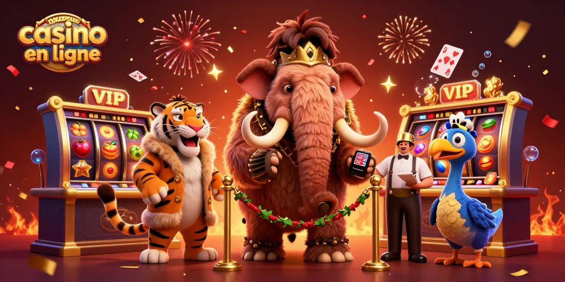 Illustration colorée d'un nouveau casino en ligne avec un mammouth videur et un tigre VIP.