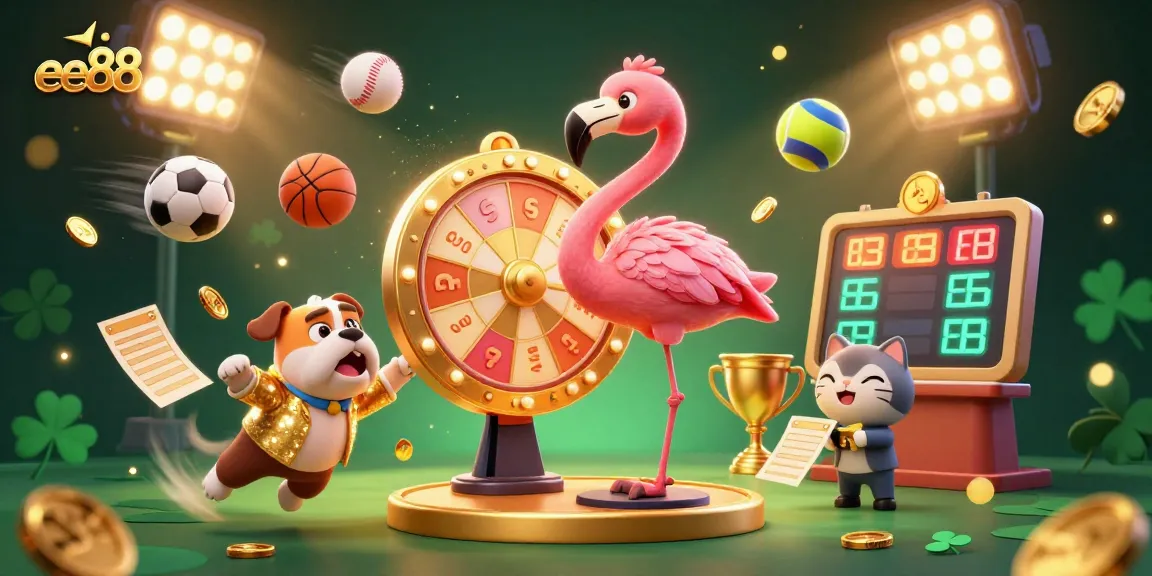 Experience the excitement of ee88 with a dynamic game show scene filled with vibrant sports elements and prizes.