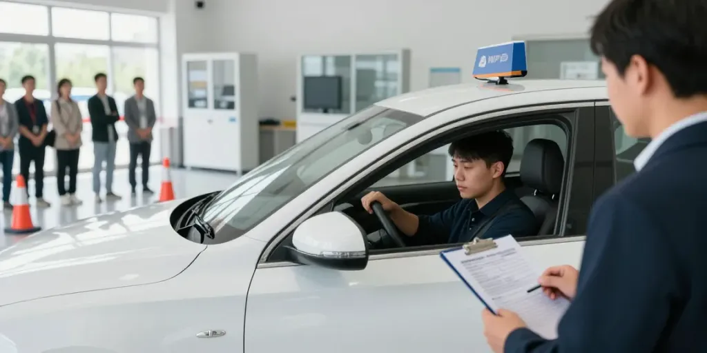 MPU wegen Punkten Prüfungssituation mit nervösem Fahrer und Prüfer an einer Teststelle
