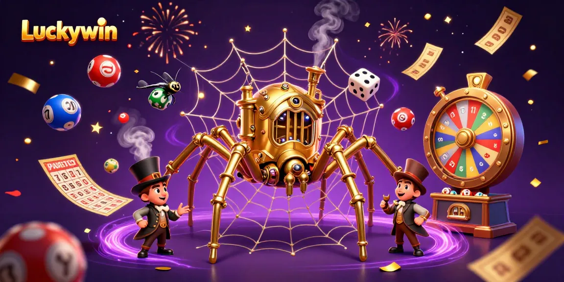 Engaging scene at Luckywin casino featuring dynamic lottery elements and whimsical characters.