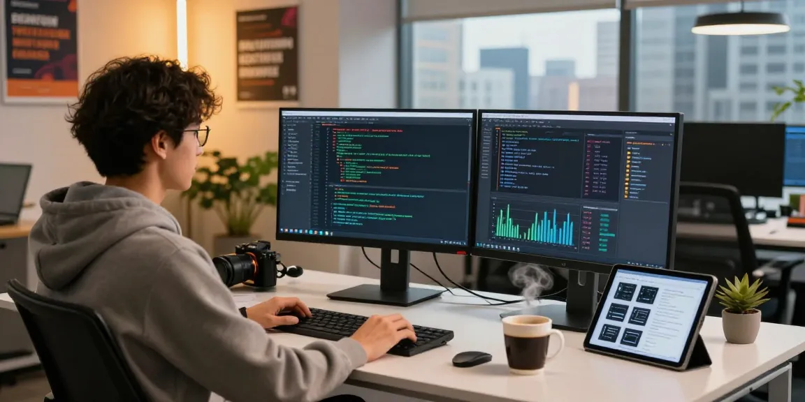 Developer coding on dual monitors in a modern workspace at https://www.bdtjl.app/, showcasing tech innovation.