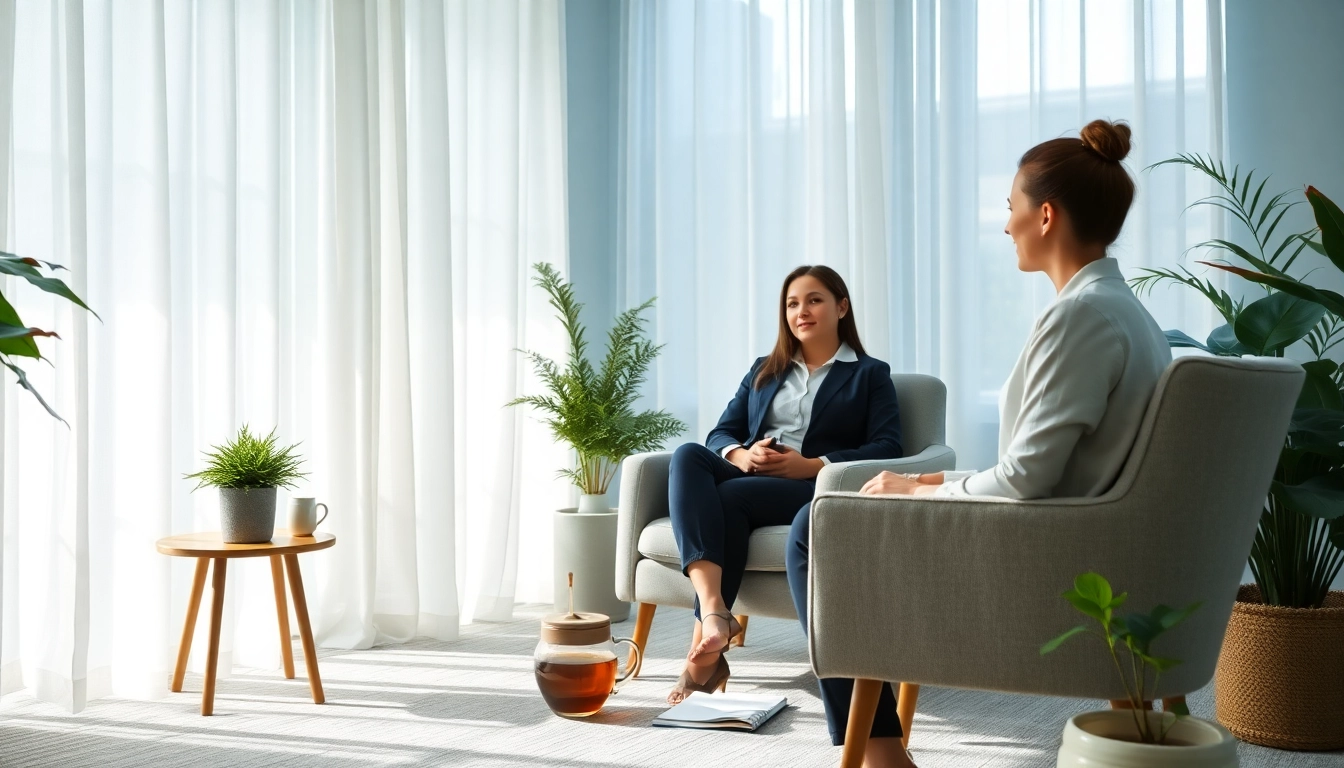 Facilitating Trauma Therapy session in a calm, inviting office atmosphere with warm light.
