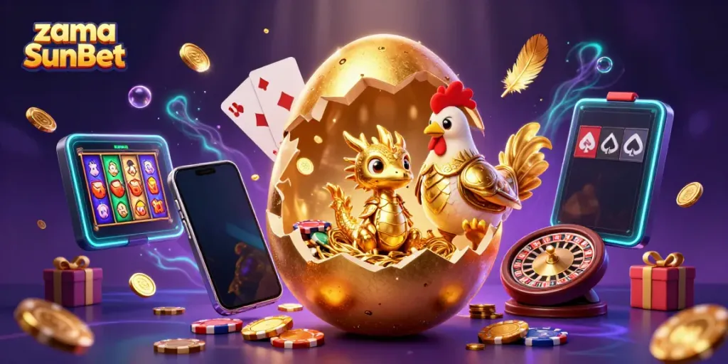 Experience the excitement of zama SunBet with a golden dragon and poker chips in a vibrant casino scene.