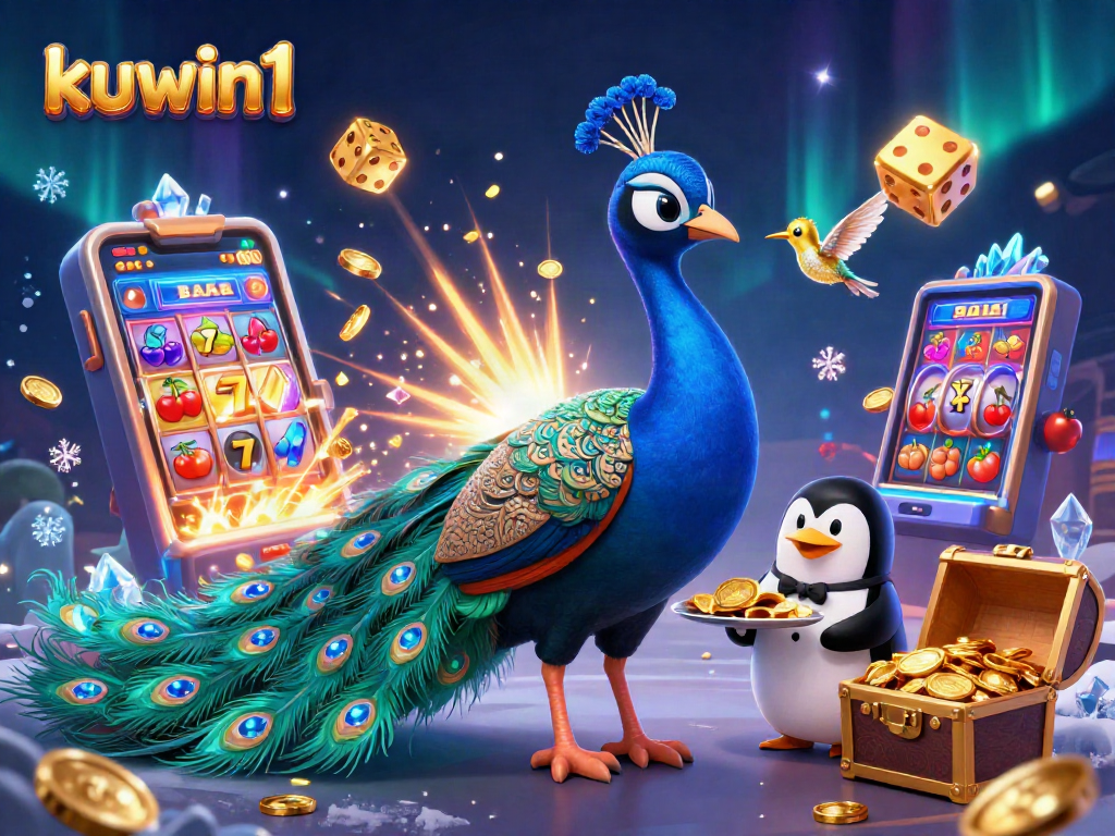 Kuwin1 harnesses roaring jackpots and excitement in a dazzling casino illustration filled with vibrant characters and action.