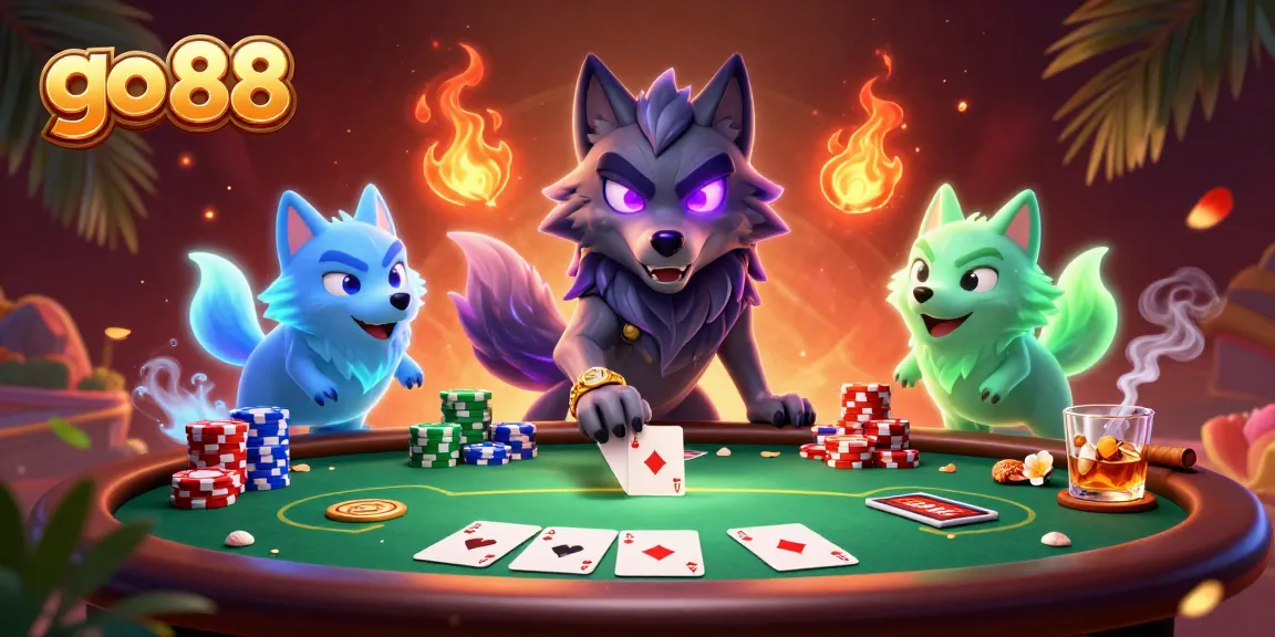 Experience excitement at go 88 as spectral wolves play poker amidst vibrant casino elements.