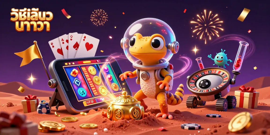 วิธีเล่นบาคาร่า in a vibrant casino scene with a Martian gecko, robot, and fun gaming elements.