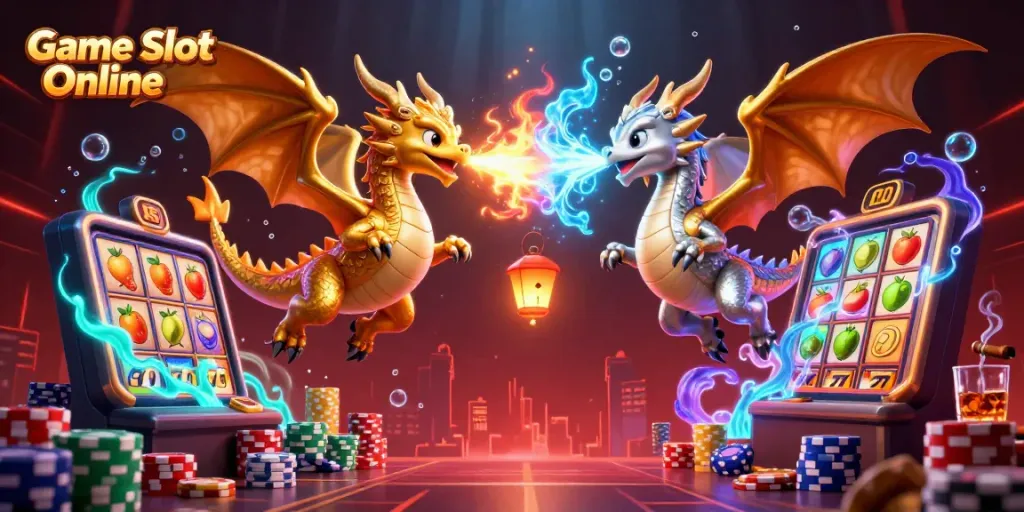 Engage with thrilling Game Slot Online action featuring gold and silver dragons amidst vibrant casino elements.
