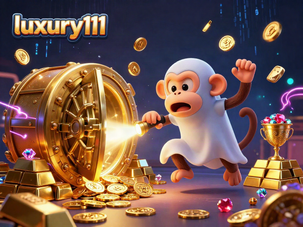 Experience the thrilling antics of luxury111 with a ghost-hunting puppy in a vibrant casino illustration.