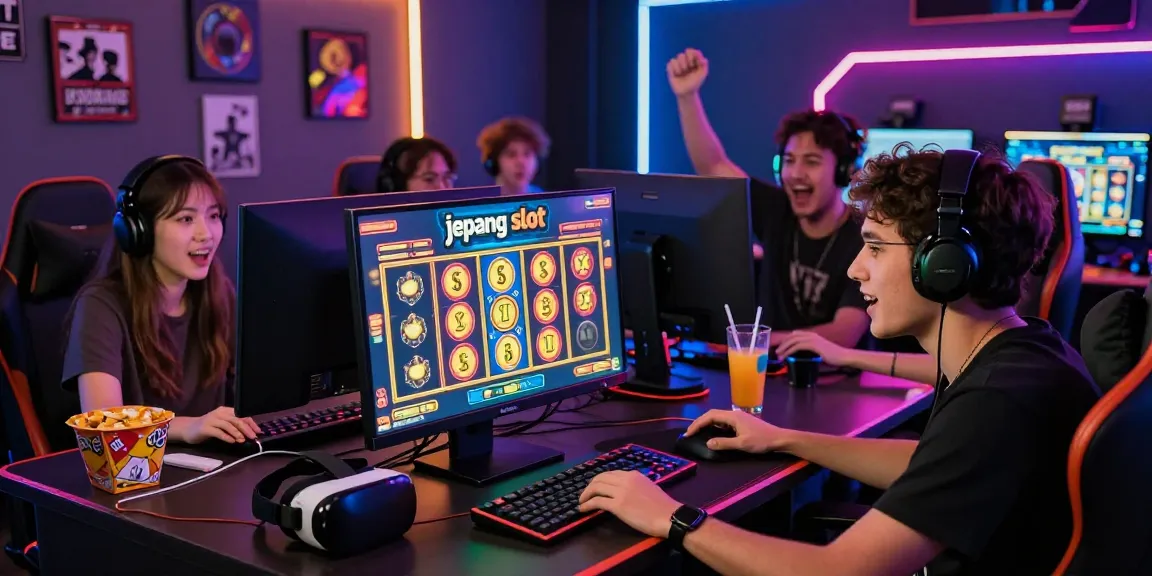 Friends enjoying a lively session of Jepang slot in a modern gaming setup, full of excitement and colorful digital displays.