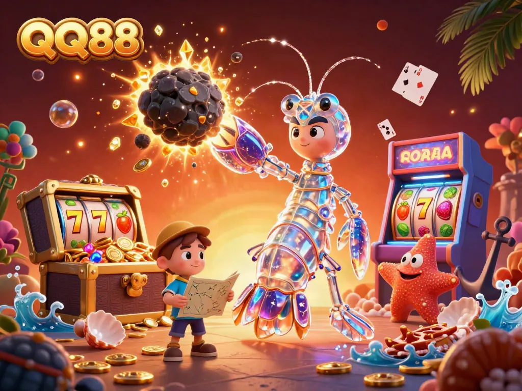 Join the adventure at QQ88 with dynamic gameplay featuring a mantis shrimp and treasure-filled casino scene.