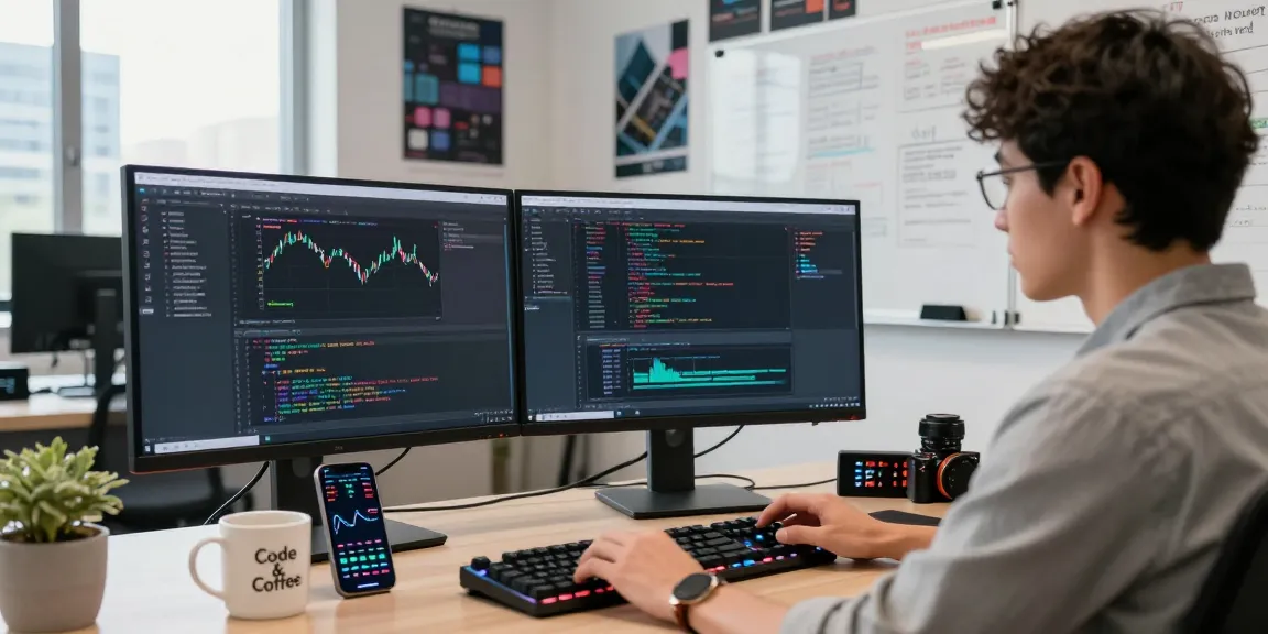Software engineer coding an algorithmic trading API in a modern workspace, with dual monitors and market data charts visible.
