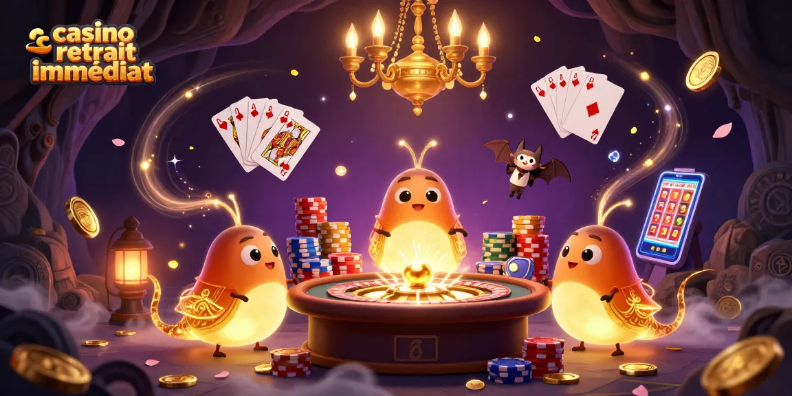 Vivre l'expérience de casino retrait immédiat avec une scène animée de jeux et illuminations.