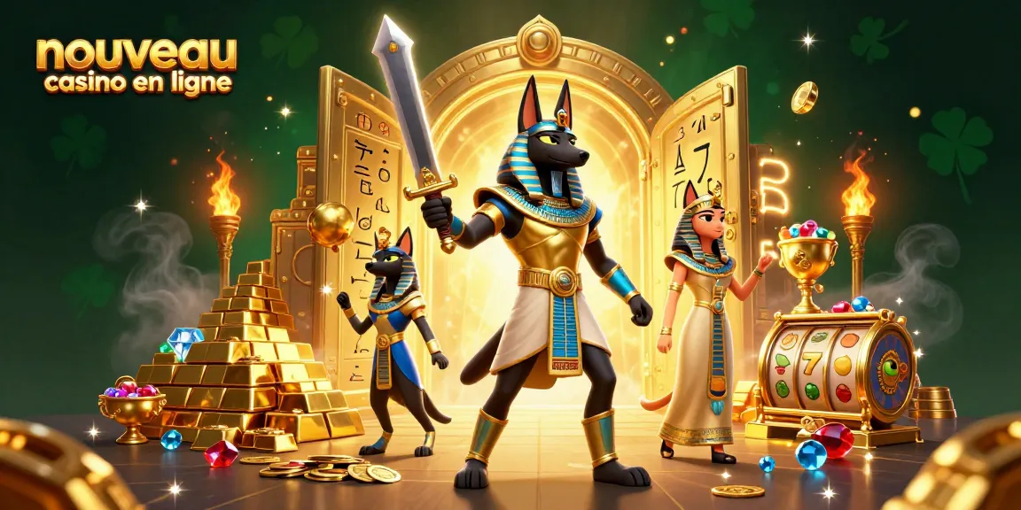 Illustration du nouveau casino en ligne avec Anubis et Bastet entourés de trésors