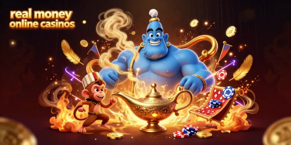 Experience the excitement of real money online casinos with a dynamic genie and magic carpet!