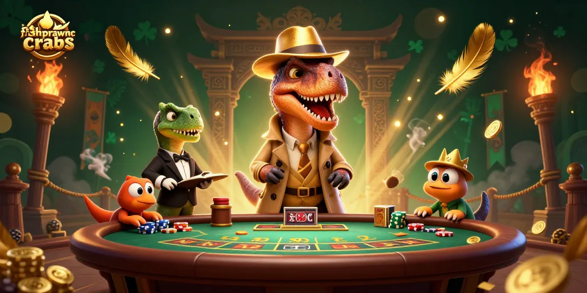 Experience the thrilling fishprawncrabs game with animated characters at a blackjack table surrounded by rich casino elements.
