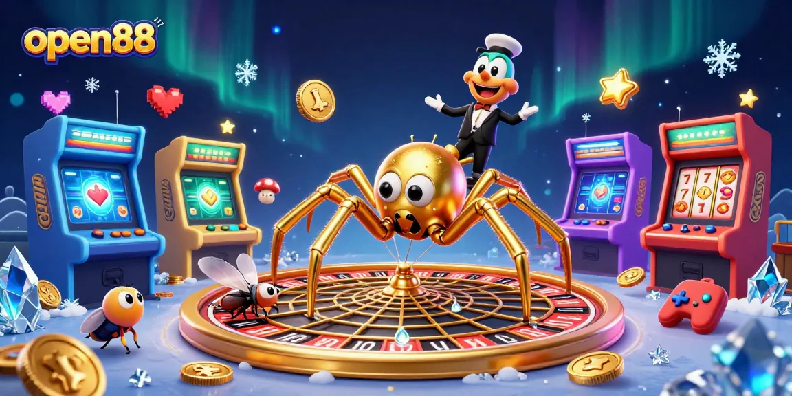 Engage with open88's thrilling scene of a golden spider roulette wheel amidst vibrant casino elements.