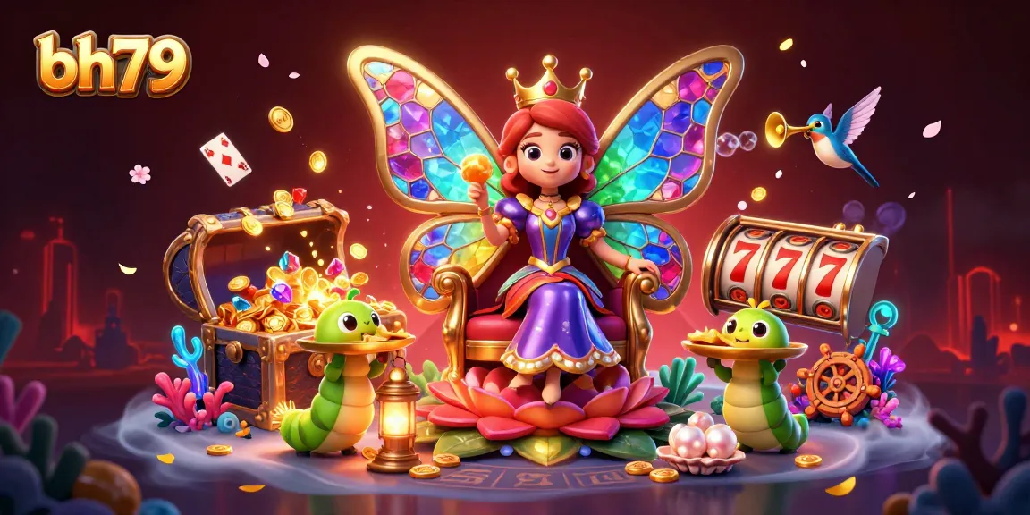 Bettors enjoy bh79 casino with a vibrant 3D scene of a butterfly queen, casino elements, and rich details.