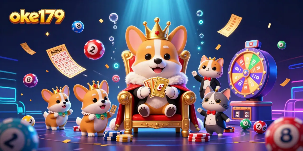 Win big with oke179 in an exciting casino scene featuring a royal corgi and colorful prizes.