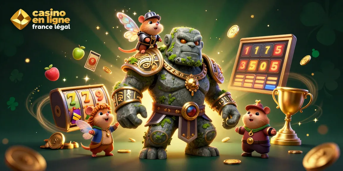 Visuels captivants d'un casino en ligne France légal avec un golem, une fée et un hamster chevalier parmi des rouleaux et des jetons dorés.