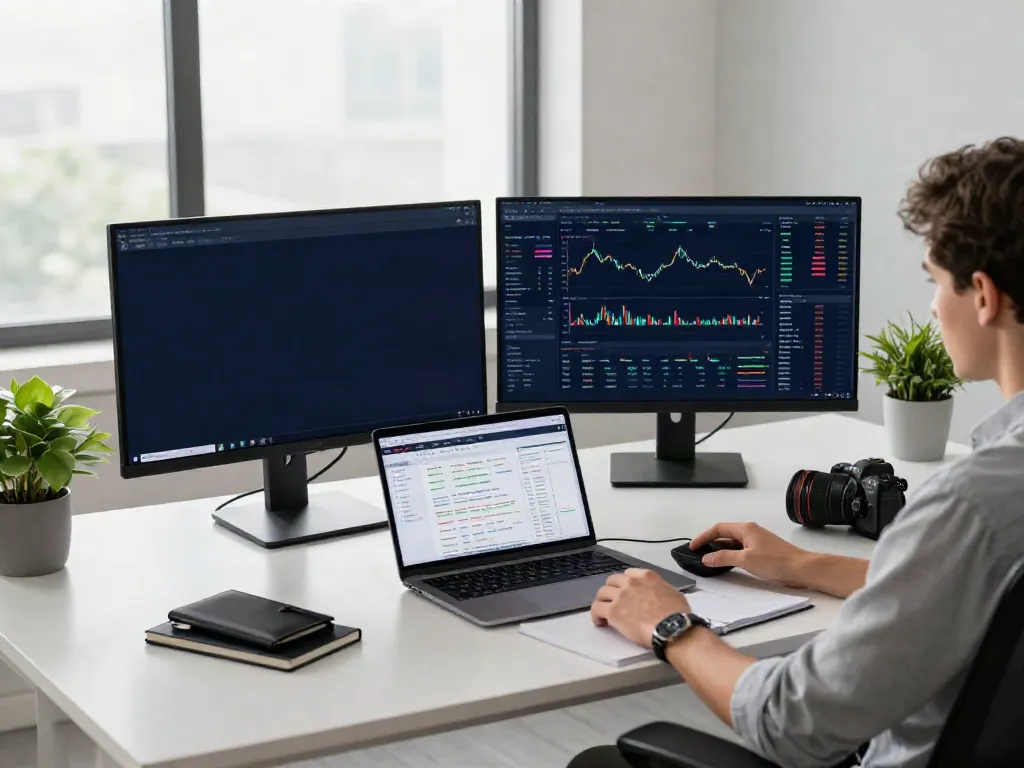 量化交易数据接口 displayed on dual monitors amid a modern cryptocurrency trading workspace with digital wallet app and trading algorithms.