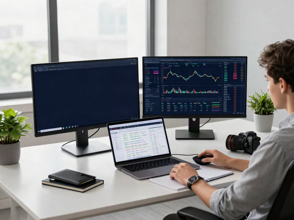 量化交易数据接口 displayed on dual monitors amid a modern cryptocurrency trading workspace with digital wallet app and trading algorithms.