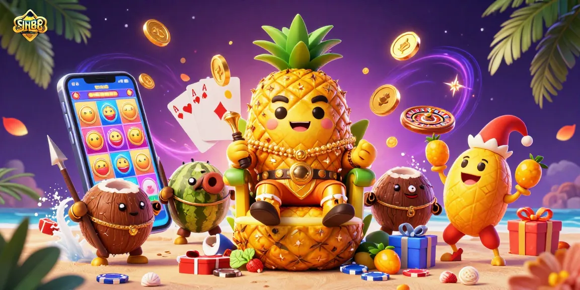SIN88 slots showcase with a golden pineapple king, casino games, and vibrant graphics.
