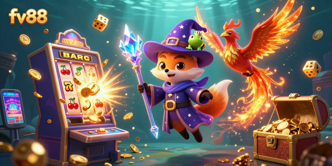Spin to win with fv88's captivating casino scene, featuring magical characters and jackpots.