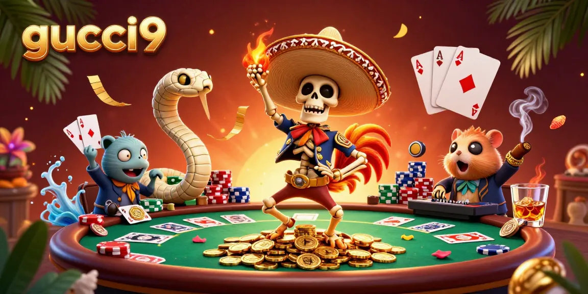 gucci9 showcases a vibrant casino scene with lively characters celebrating wins amidst poker elements.