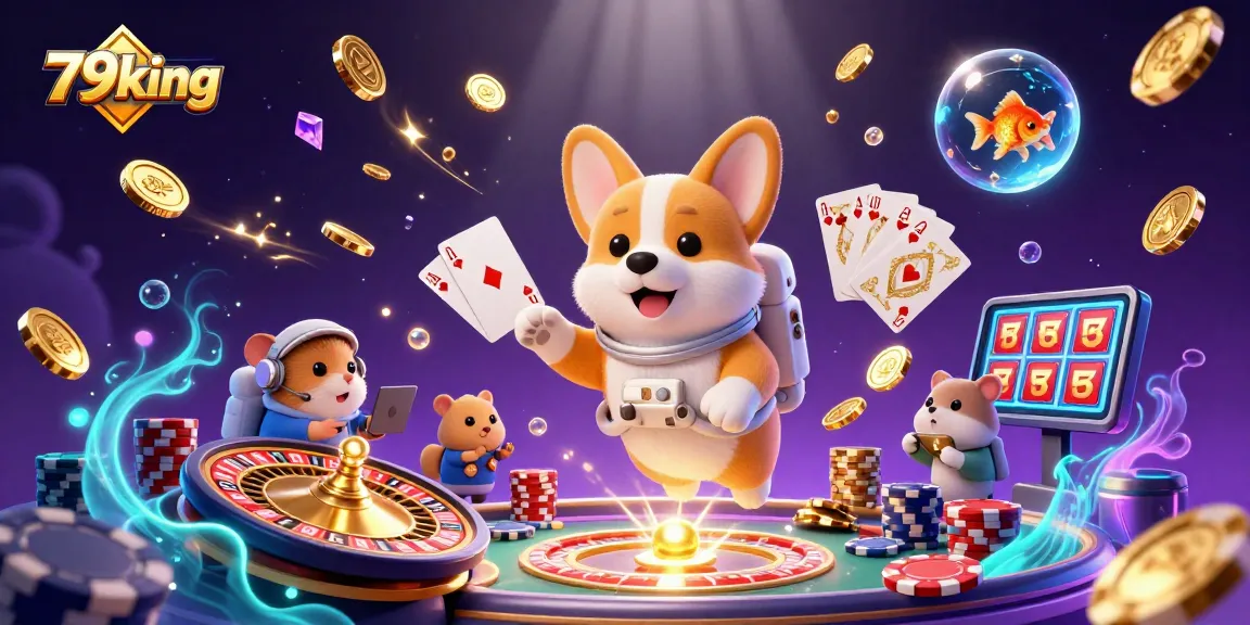 Engage with 79king's thrilling casino adventure featuring a 3D astronaut corgi, floating gold coins, and roulette excitement.