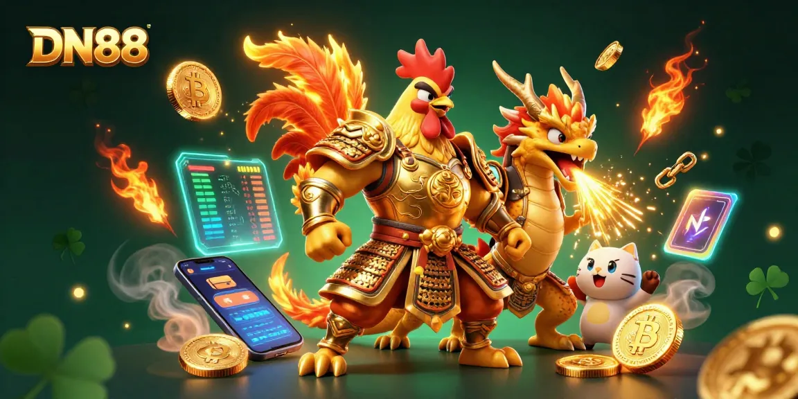 Win big with DN88 in this dynamic 3D scene featuring a rooster warrior and crypto elements!